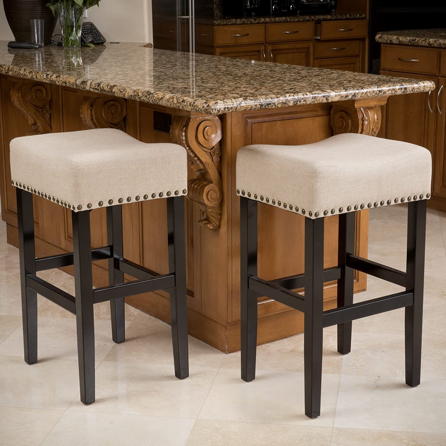 Beige Linen Fabric Counter Stools